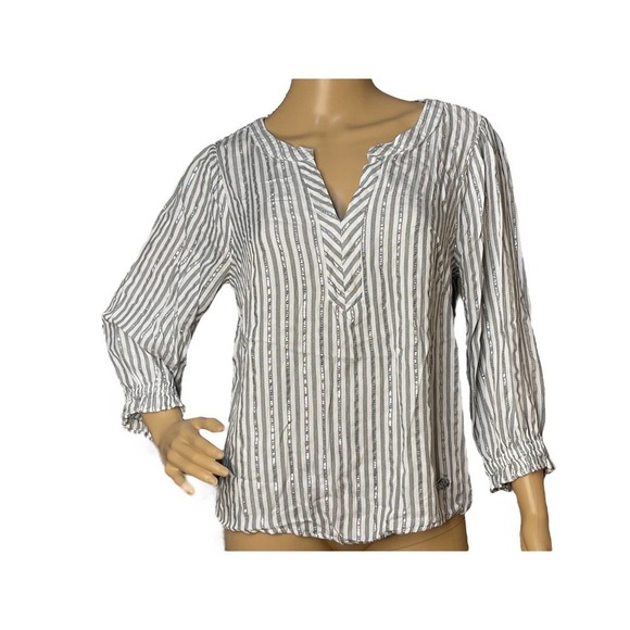 Adrienne Vittadini Women's White Silver Metallic Striped Banded V- Neck Blouse M - Picture 2 of 9